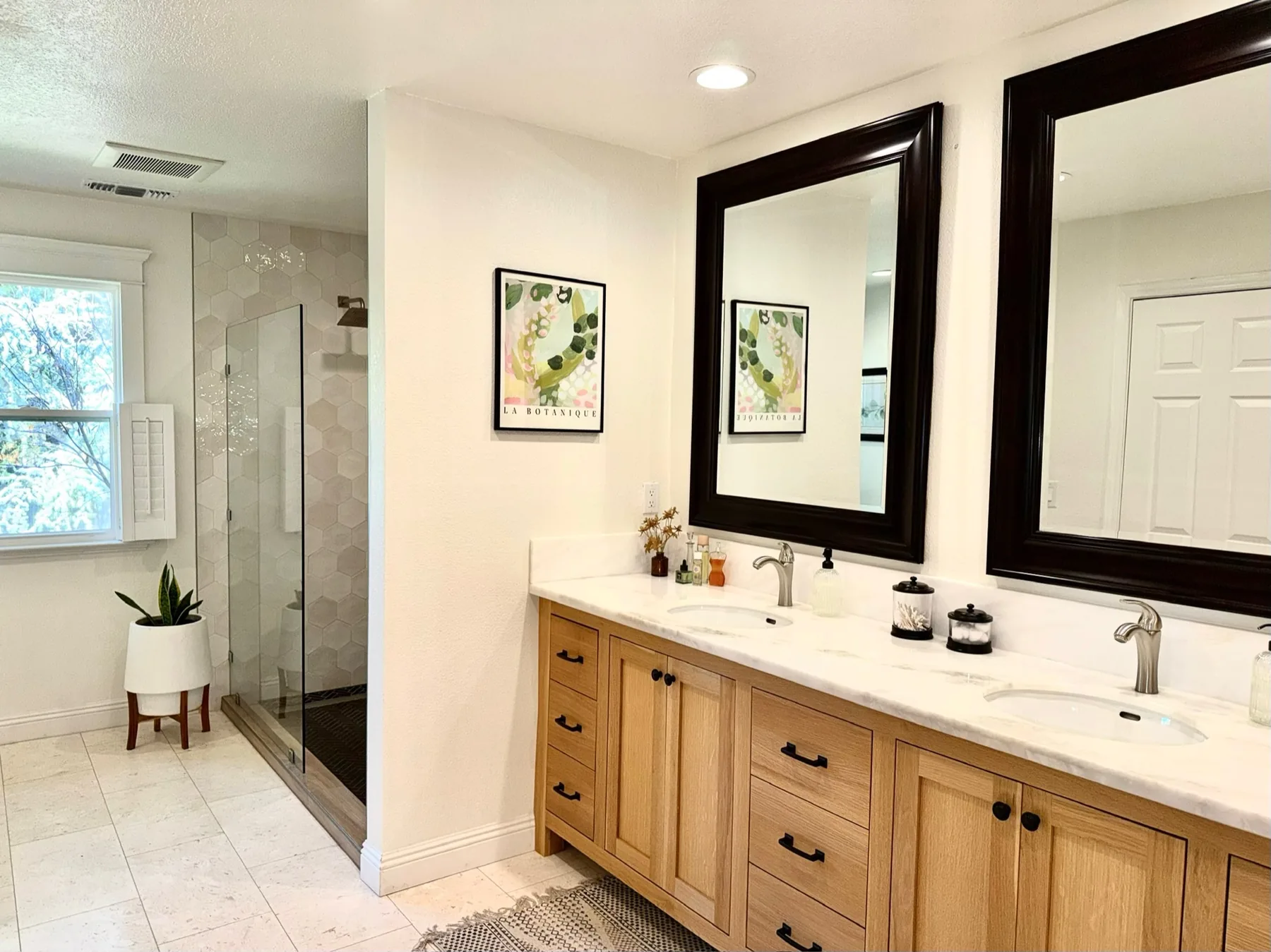 Complete bathroom remodel with oak vanity and custom shower