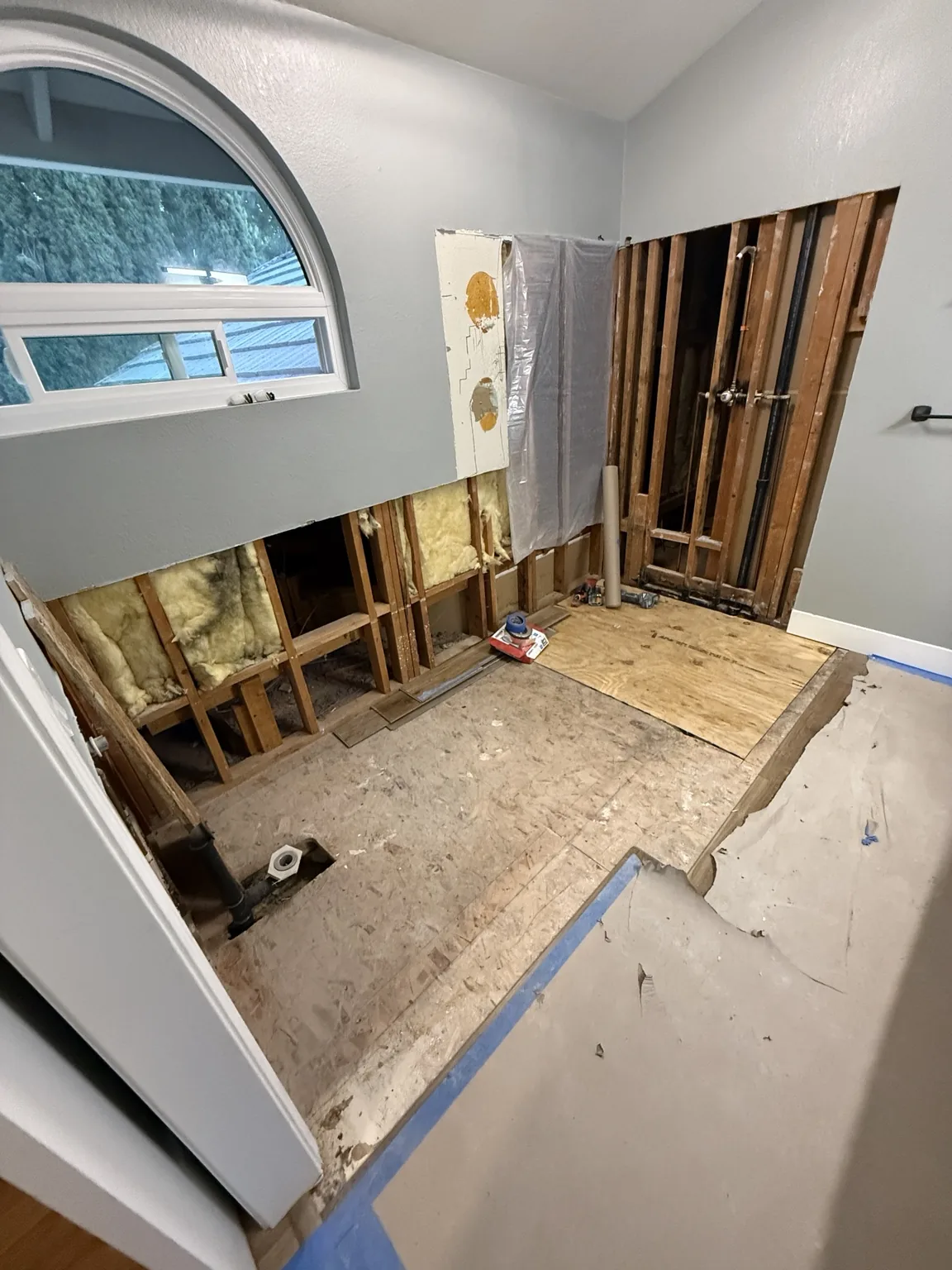 Bathroom demolition and exposed framing