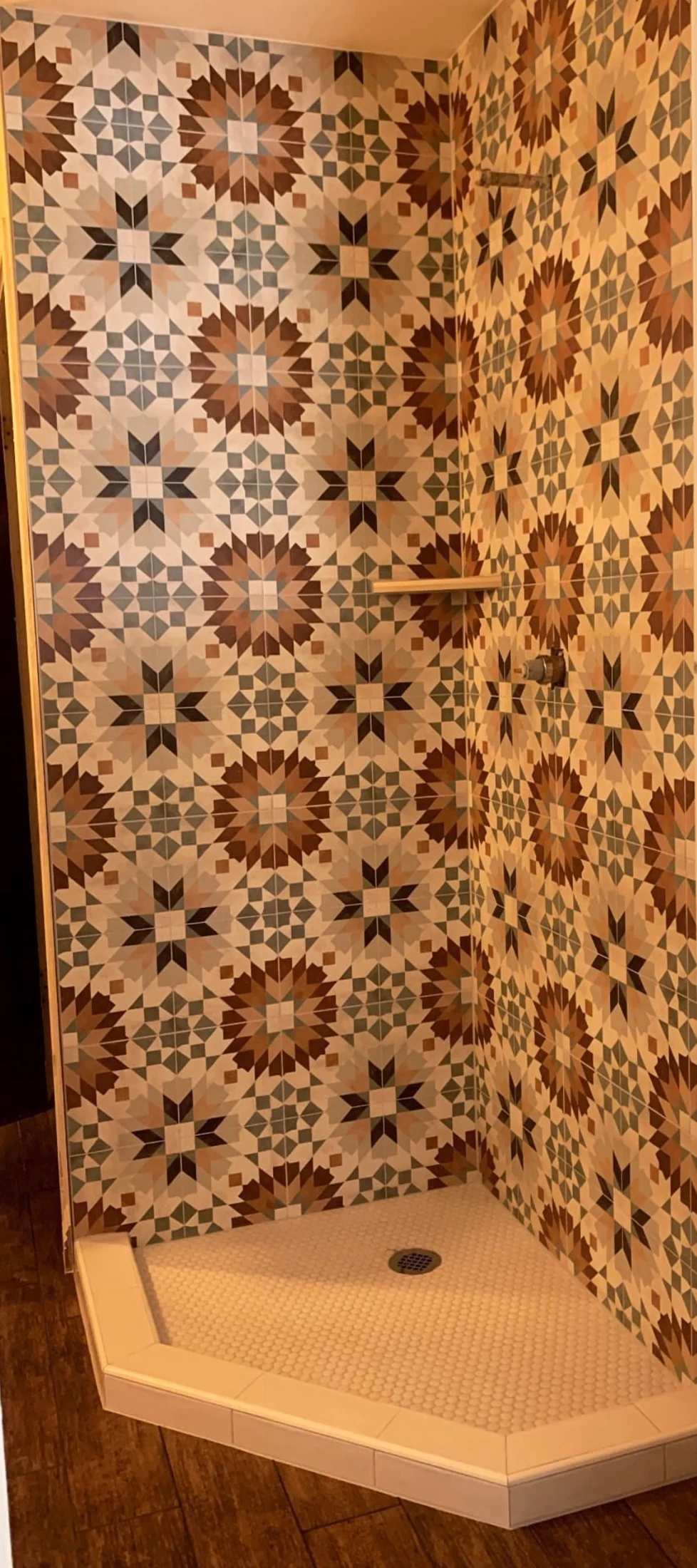 Geometric patterned tile shower