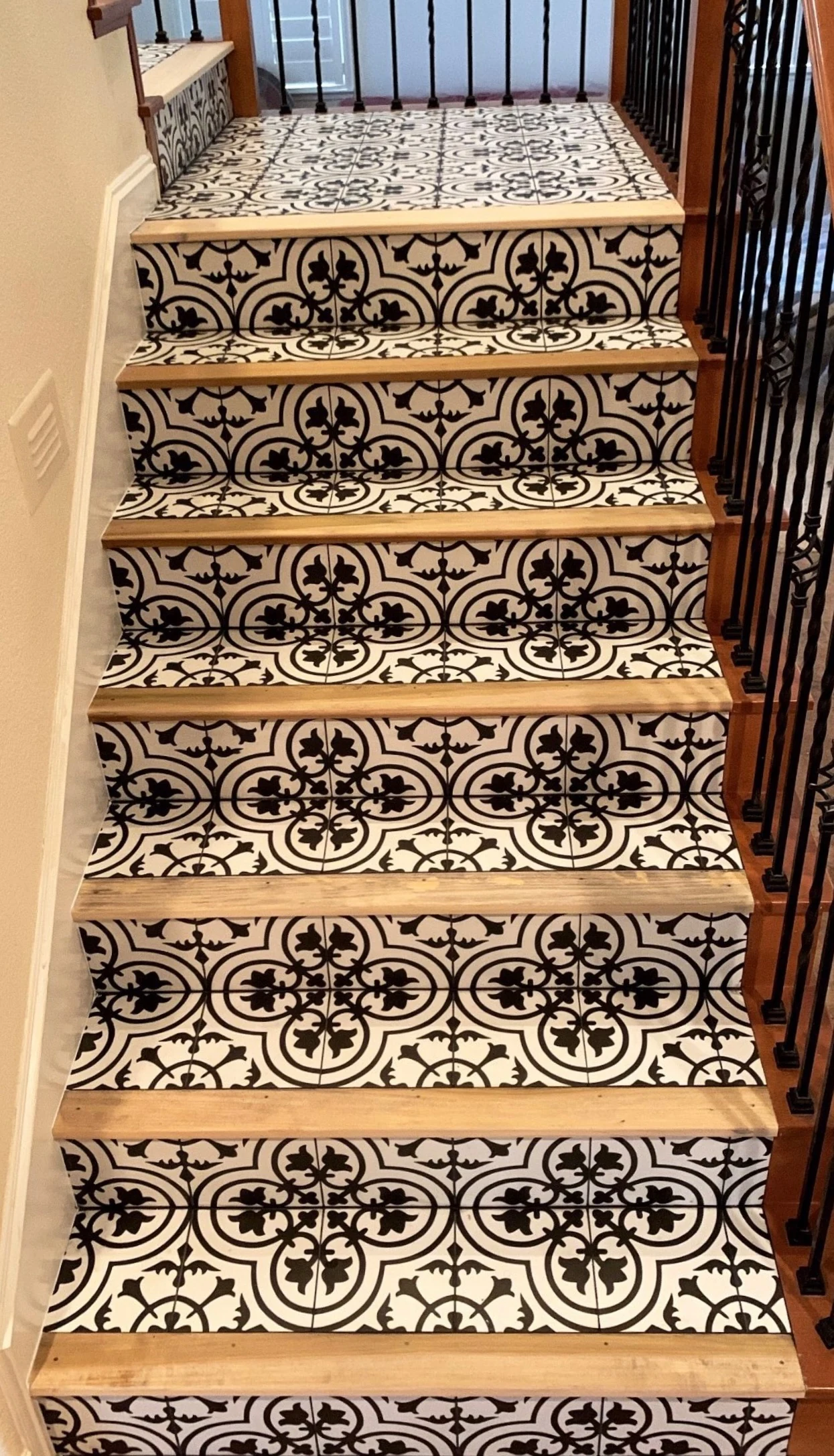 Patterned tile stair risers